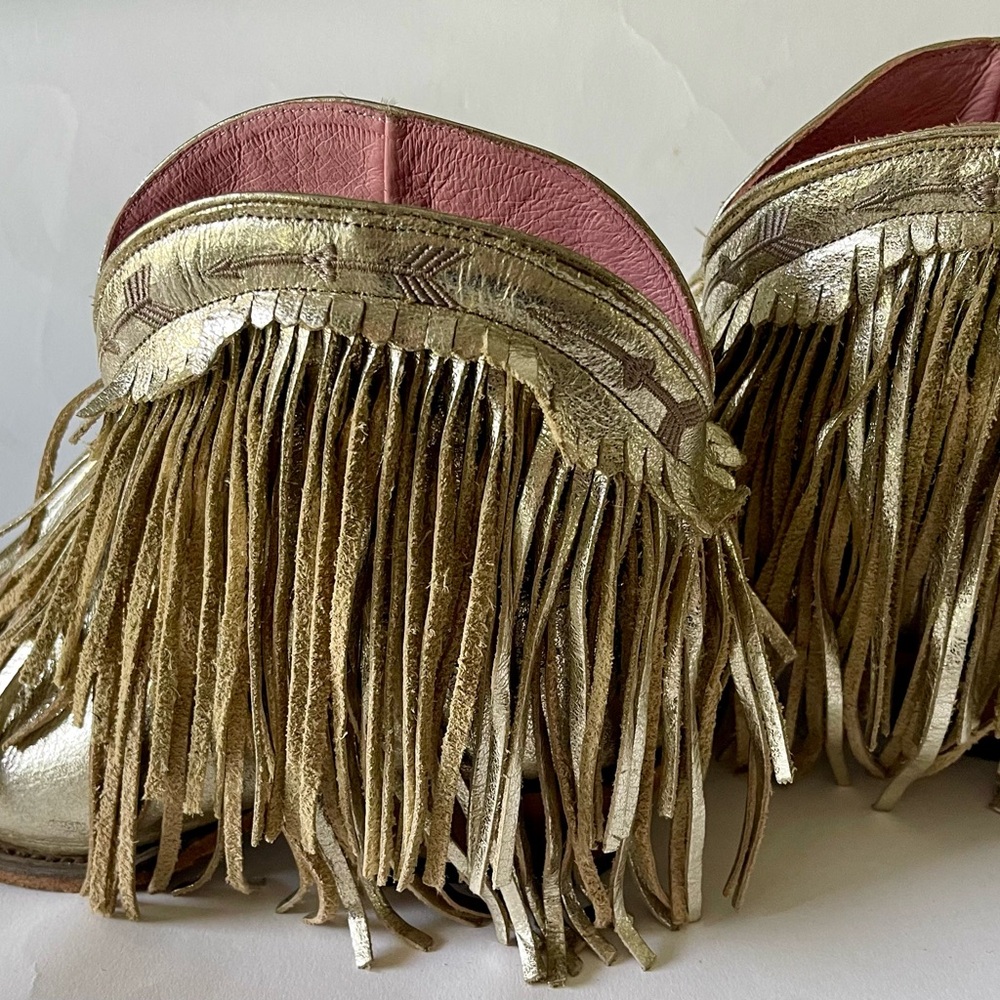 JUNK GYPSY by Lane Spitfire Gold Fringed leather cowboy Boots booties SNIP TOE - Picture 8 of 9